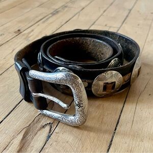 Black Leather Belt with Silver Buckle and Conchos